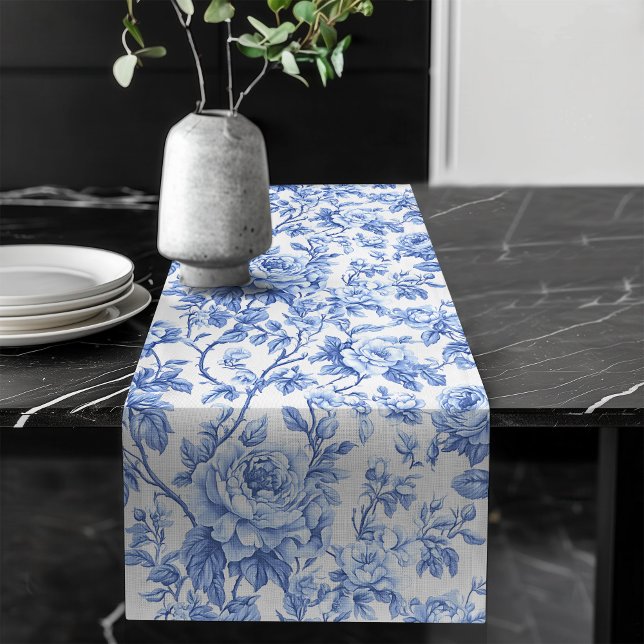 Camino De Mesa Largo Traditional Blue Toile Roses Floral Table Runner (Traditional Blue Toile Roses Floral Table Runner)