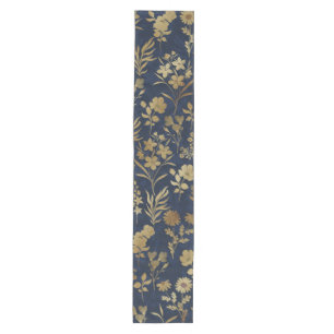 Camino De Mesa Mediano Botanical Gold Flowers Blue Pattern