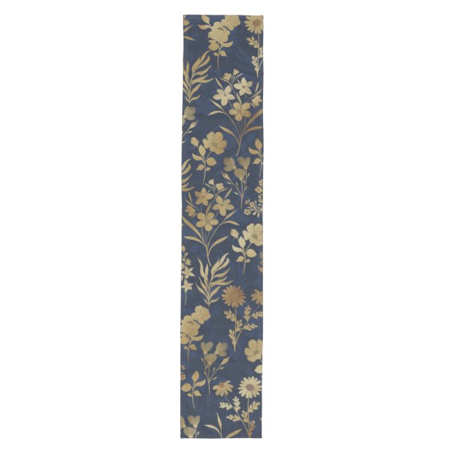 Camino De Mesa Mediano Botanical Gold Flowers Blue Pattern (Anverso)