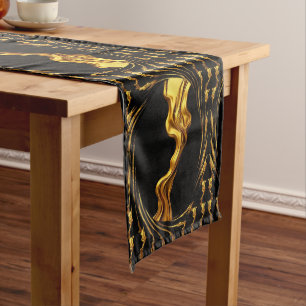 Camino De Mesa Mediano Diseñador Opulento Remolino Líquido Oro Negro Mono