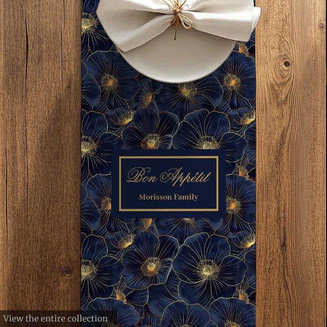 Camino De Mesa Mediano Estilo de mesa botánico Chic Navy Gold (Chic Navy Gold Botanical Table Style)