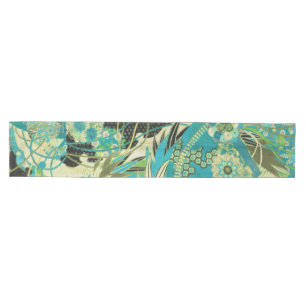 Camino De Mesa Mediano FLORES ANTIGUOS JAPONESES Aqua Blue Green Floral