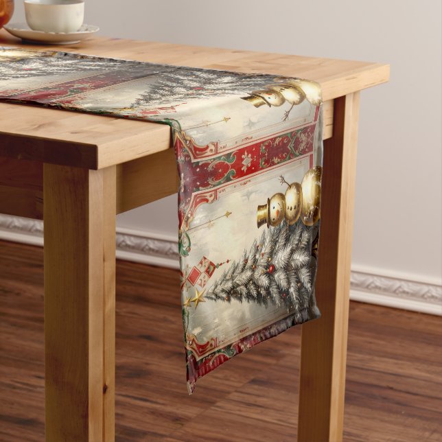Camino De Mesa Mediano Gold Snowman Christmas Tree Table Runner (In Situ)