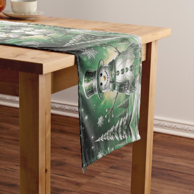 Camino De Mesa Mediano Green Snowman Snowflakes Holiday Table Runner (In Situ)