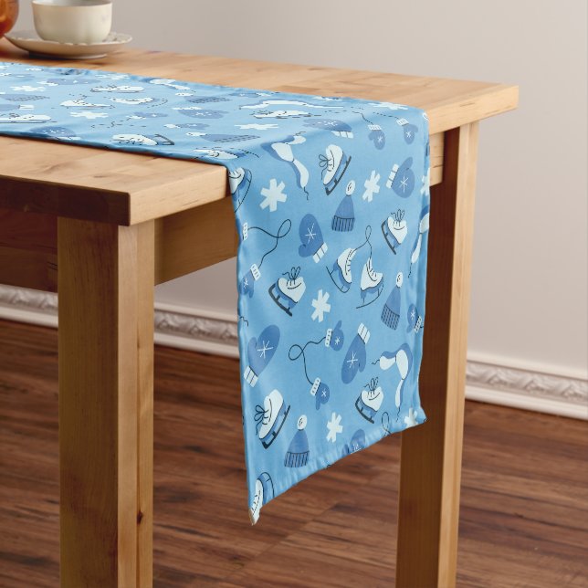 Camino De Mesa Mediano Hand Drawn Winter Pattern Blue Table Runner (In Situ)