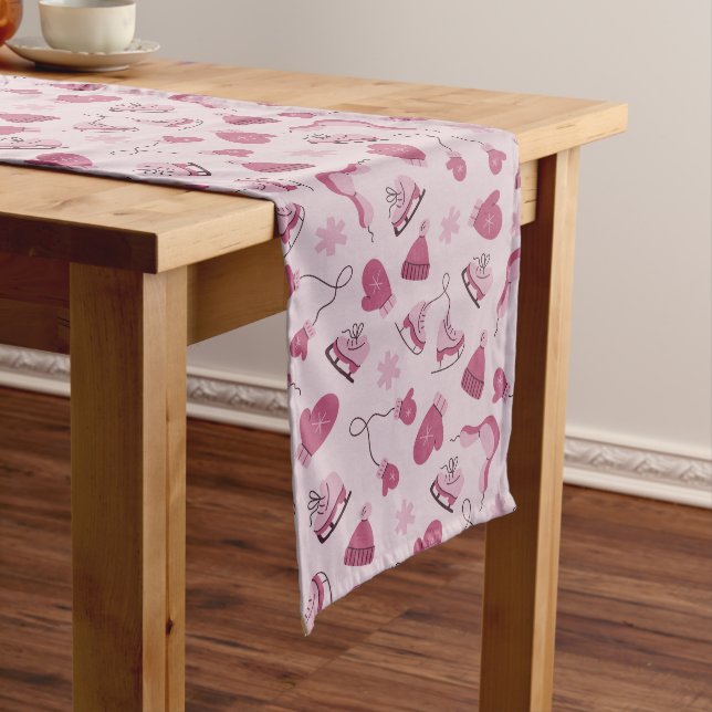 Camino De Mesa Mediano Hand Drawn Winter Pattern Pink Table Runner (In Situ)