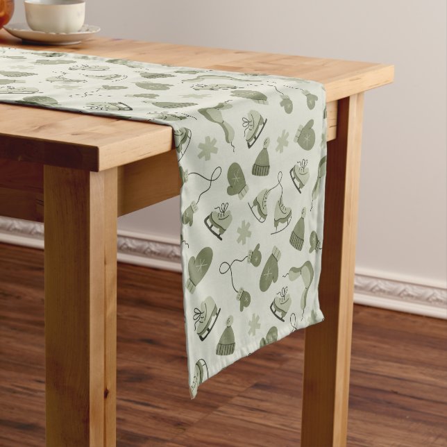 Camino De Mesa Mediano Hand Drawn Winter Print Olive Table Runner (In Situ)