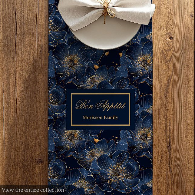 Camino De Mesa Mediano Navy Gold Flowers Table Runner Lux Monogram Design (Navy Gold Flowers Table Runner Lux Monogram Design)