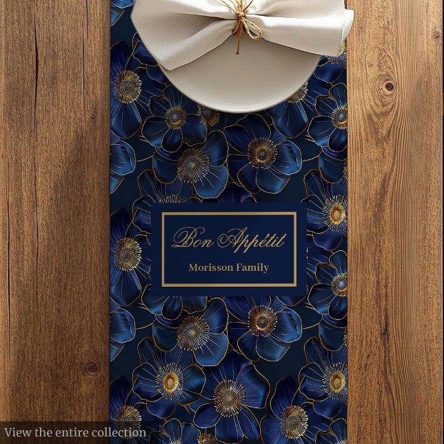 Camino De Mesa Mediano Navy Gold Table Runner Modern Floral Custom Name (Navy Gold Table Runner Modern Floral Custom Name Gift)