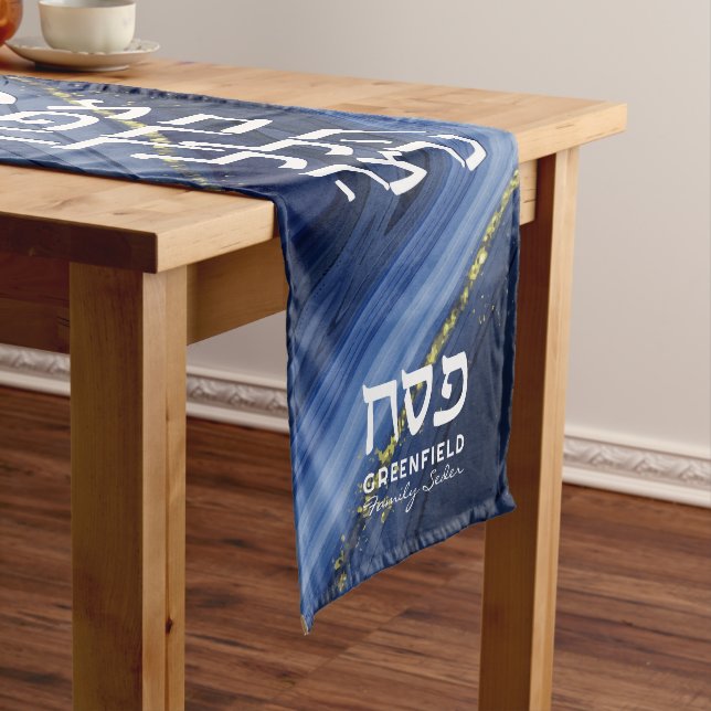 Camino De Mesa Mediano Passover Seder Modern Hebreo Blue Agate (In Situ)