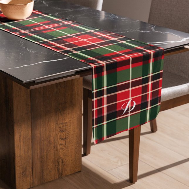 Camino De Mesa Mediano Patrón de vacaciones de Monograma Navidades de la  (Plaid Christmas Monogram Name Holiday Pattern Medium Table Runner)