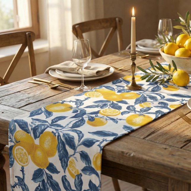 Camino De Mesa Mediano Patrón sin mar de lemas mediterráneos (Mediterranean lemon botanical pattern table runner)