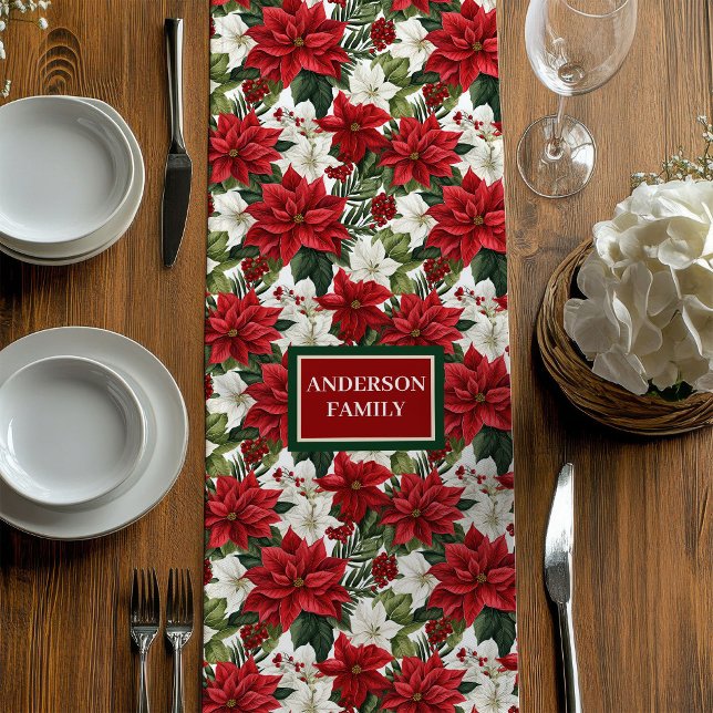 Camino De Mesa Mediano Red Green Table Runner Chic Poinsettia Custom Name (Red Green Table Runner Chic Poinsettia Custom Name)