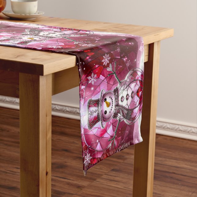 Camino De Mesa Mediano Red Snowman Snowflakes Holiday Table Runner (In Situ)