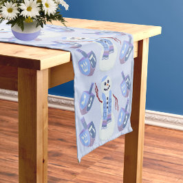 Camino De Mesa Mediano Snowman Dreides Festividad Judía Azul Hanukkah