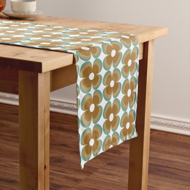 Camino De Mesa Mediano Trendy Teal Caramel Retro Groovy Flowers Seamless (In Situ)