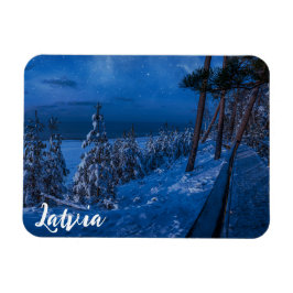 Camino forestal en el imán nocturno de invierno