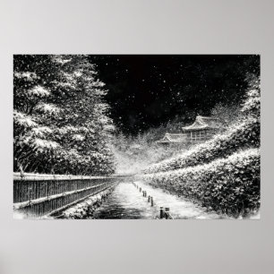 Camino nevado del templo por la noche – Arte mural