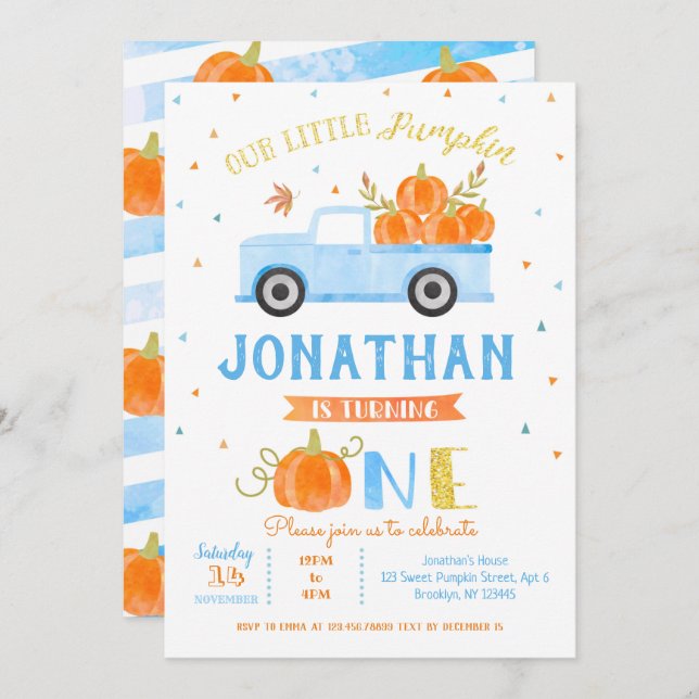 Camión azul de calabaza de niño Invitación de cump (Anverso / Reverso)