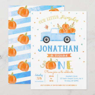 Camión azul de calabaza de niño Invitación de cump