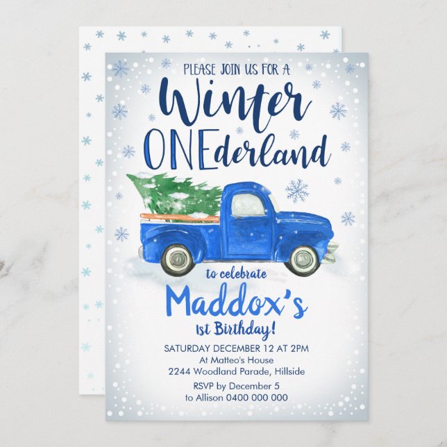 Camión azul Invitación de invierno de ONEderland N (Anverso / Reverso)