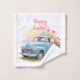 Camión Azul Vintage con Huevos de Pascua y Tulipan