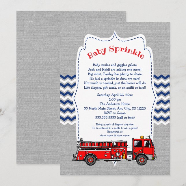 Camión de bomberos Baby Invitación a rociar, gris  (Anverso / Reverso)
