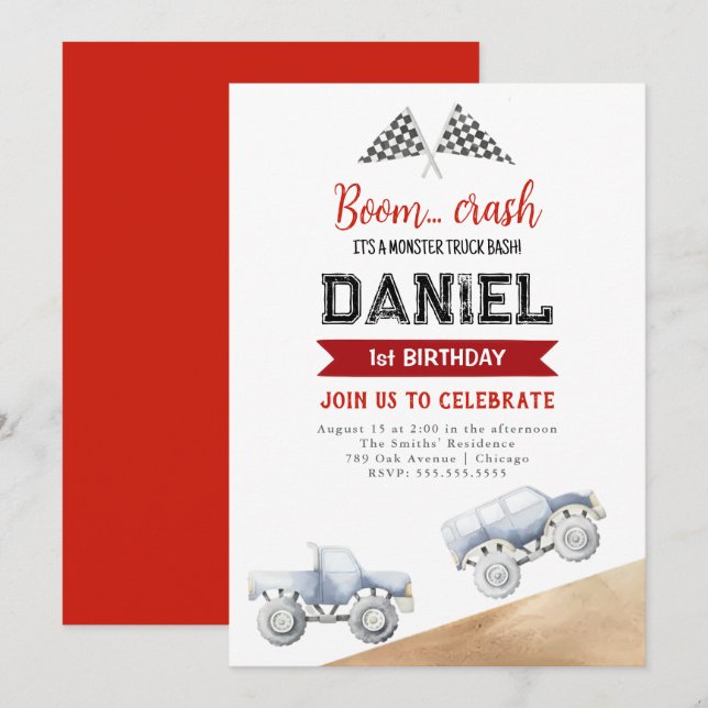 Camión de Monstruo de Acuarela Invitación a Cumple (Anverso / Reverso)