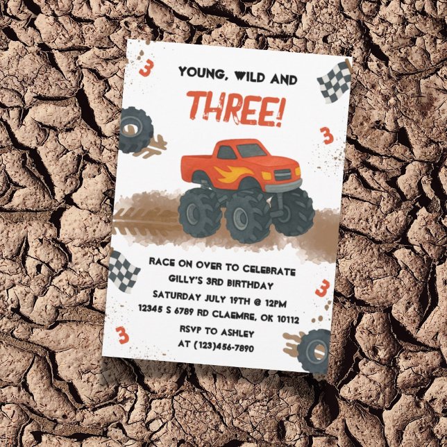 Camión de Monstruo de Acuarela Invitación de cumpl (Monster Truck invite design shown with mud and tire track details, perfect for a 3rd birthday!)