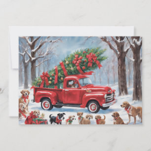 Camión de Navidad Rojo en el bosque nevado con per