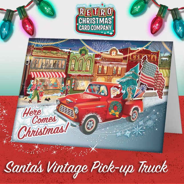Camión de recogida de amigos + tarjetas de Navidad (Santa's Vintage Camper - All American Christmas Card)