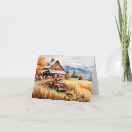 Camión de recolección y granero rojo en otoño en b