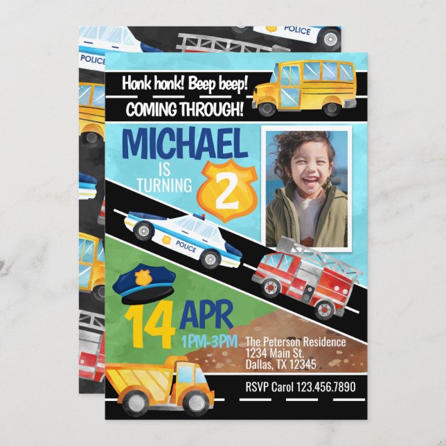 Camión de transporte Invitación a fiesta de cumple (Anverso / Reverso)