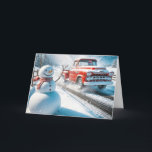 Camión Retro Rojo navidad Con Hombre De Nieve<br><div class="desc">Un muñeco de nieve alegre se encuentra junto a una carretera mientras un camión rojo vintage pasa en un paisaje nevado</div>