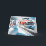 Camión Retro Rojo navidad Con Hombre De Nieve<br><div class="desc">Un muñeco de nieve alegre se encuentra junto a una carretera mientras un camión rojo vintage pasa en un paisaje nevado</div>