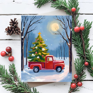 Camión Rojo Acuarela Entrega Árbol de Navidad