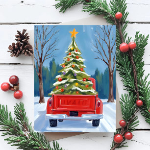 Camión Rojo Acuarela Entrega Árbol de Navidad