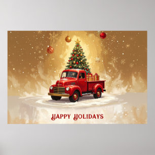 Camión Rojo Antiguo con Póster de Árbol de Navidad