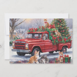 Camión rojo con regalos de Navidad y gatitos