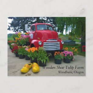 Camión rojo con tulipanes, postal de Oregón