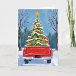 Camión Rojo Entrega Árbol de Navidad Acuarela