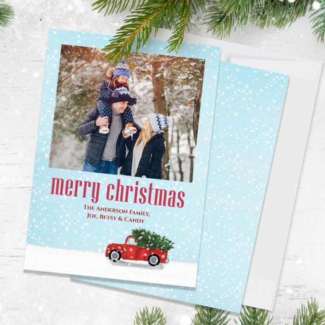 Camión Rojo Fotos de Feliz Navidad (Christmas classic rustic red truck holiday photo card with whimsical winter snowfall)