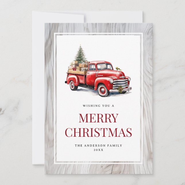 Camión Rojo Retro Tarjeta Rustic Wood Merry Christ (Anverso)