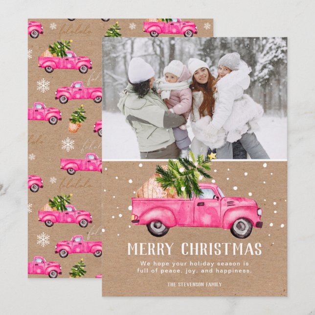 Camión rojo rosa de época kraft de Navidad (Anverso / Reverso)