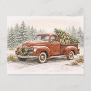 Camión Vintage Rojo de Navidad con Árbol en Acuare