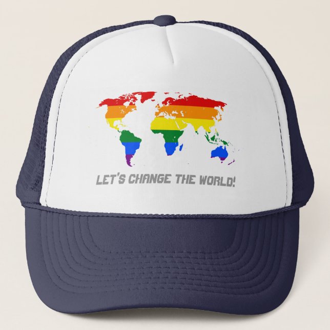 Camionero Gorra de mapa mundial de orgullo arcoíris LGBT (Anverso)