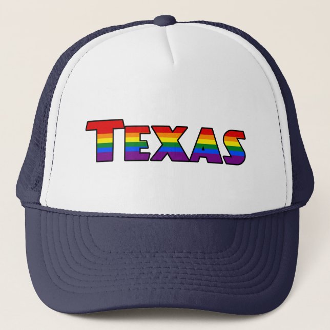 Camionero Gorra de texto arcoíris LGBT Texas (Anverso)