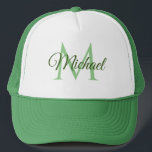 Camionero Nombre Monograma Gorra De Béisbol Unisexo Blanco Y<br><div class="desc">Monograma Nombre Blanco Y Verde Plantilla De Gorra De Béisbol Unisex Elegante De Camión Trendy Sombrero.</div>