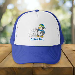 Camionero Pinguino pequeño con bolas de nieve agitando gorra