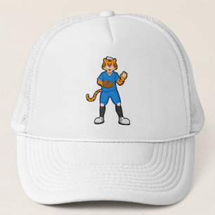 Camionero Tigre al béisbol con guante y gorra de béisbol